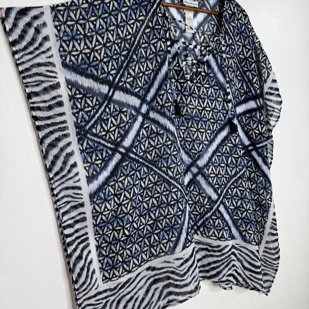 Tommy Bahama Tunic Top Womens S/M Blue Geometric Tassel Kimono Sleeve Boho